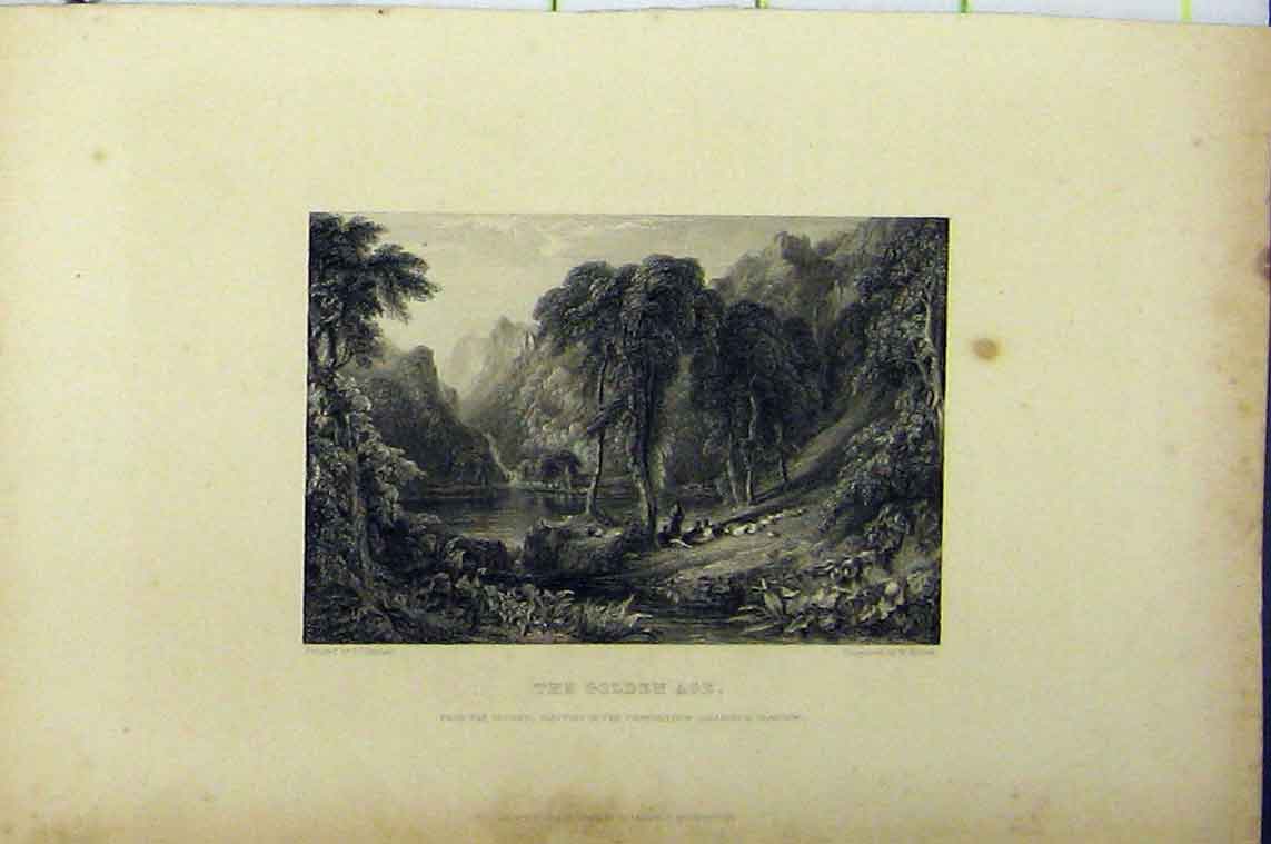 Original Old Antique Print C1850 Gen Age Engraving Country River Scene 19th