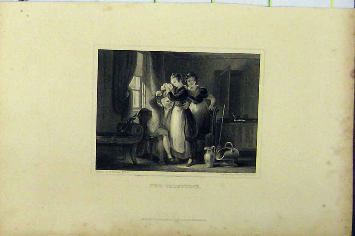 Old Antique Print Steel Engraving Man Valentine Card Women C1850 Johnston 19th