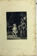 Original Old Antique Print C1850 Steel Engraving Scene Castle Hall Knights Boy