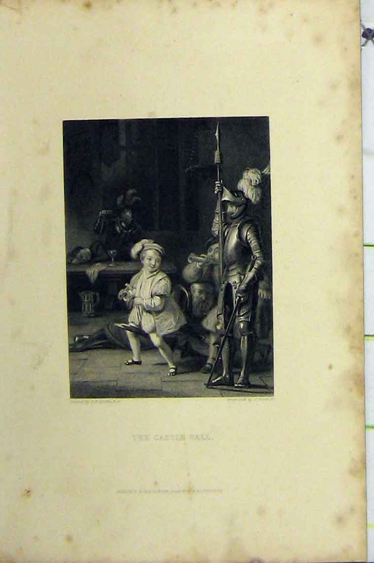 Original Old Antique Print C1850 Steel Engraving Scene Castle Hall Knights Boy