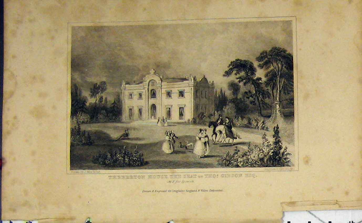 Old Antique Print C1850 Theberton House Home Gibson M. P Ipswich Dugdales 19th