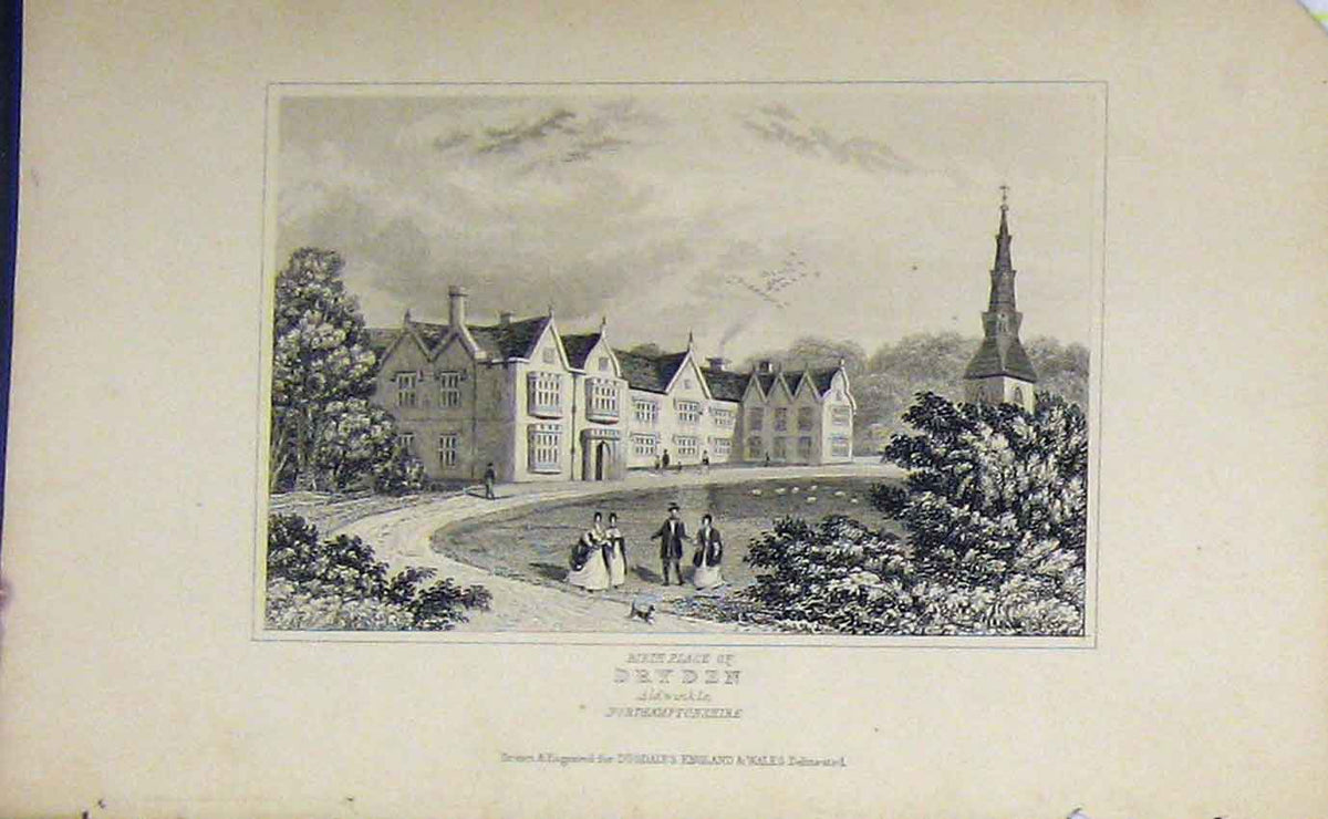 Old Antique Print C1850 View Birth-Place Dryden Aldwinkle Dugdales Garden 19th