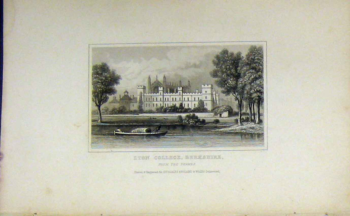 Old Antique Print C1850 View Eton College Berkshire River Thames Dugdales 19th