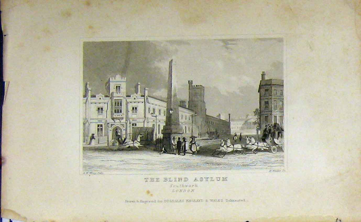 Original Old Antique Print C1850 View Blind Asylum Southwark London Dugdales