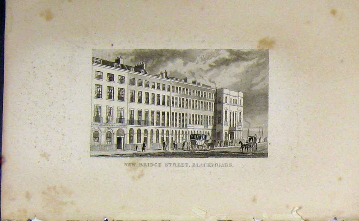 Original Old Antique Print C1850 View New Bridge Street Blackfriars London 19th