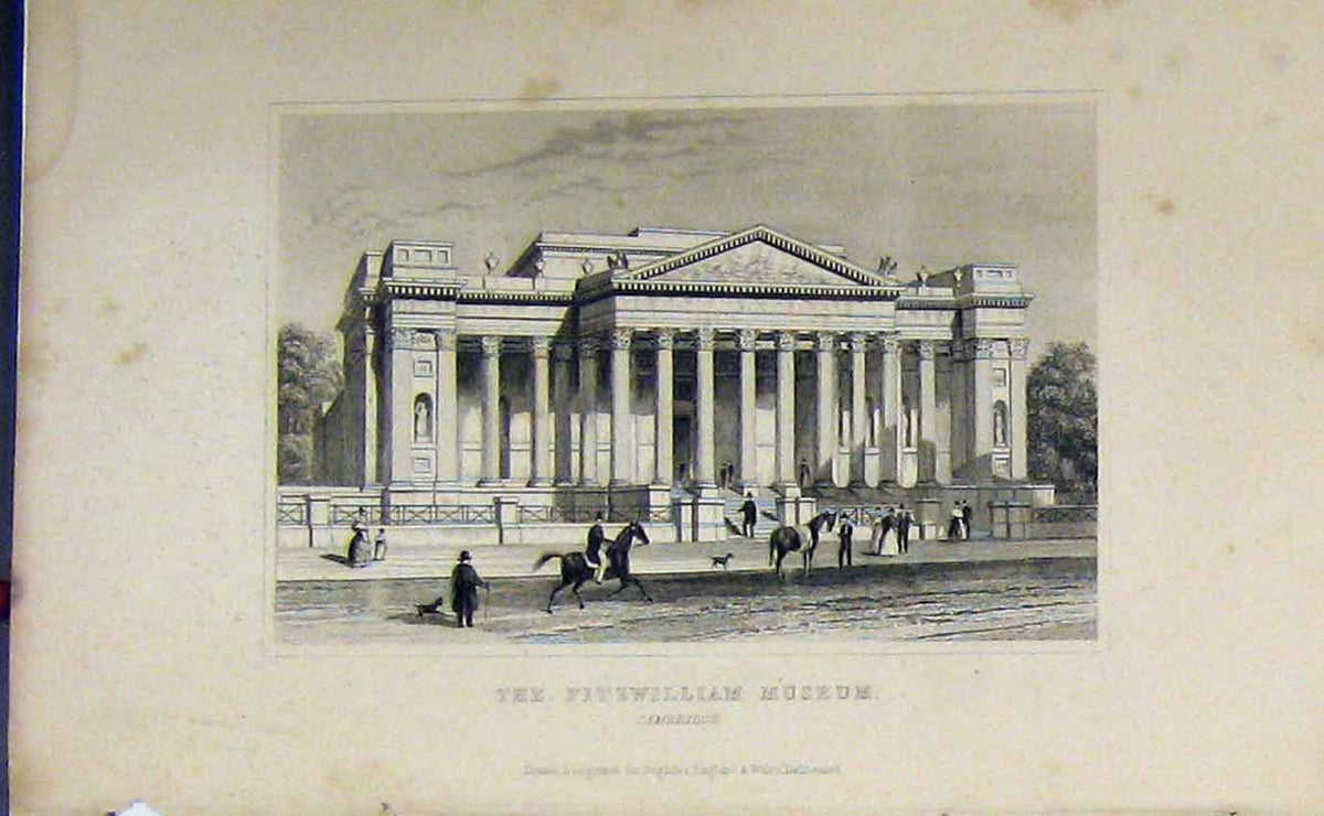 Old Antique Print C1850 View Fitzwilliam Museum Cambridge Dugdales Horses 19th