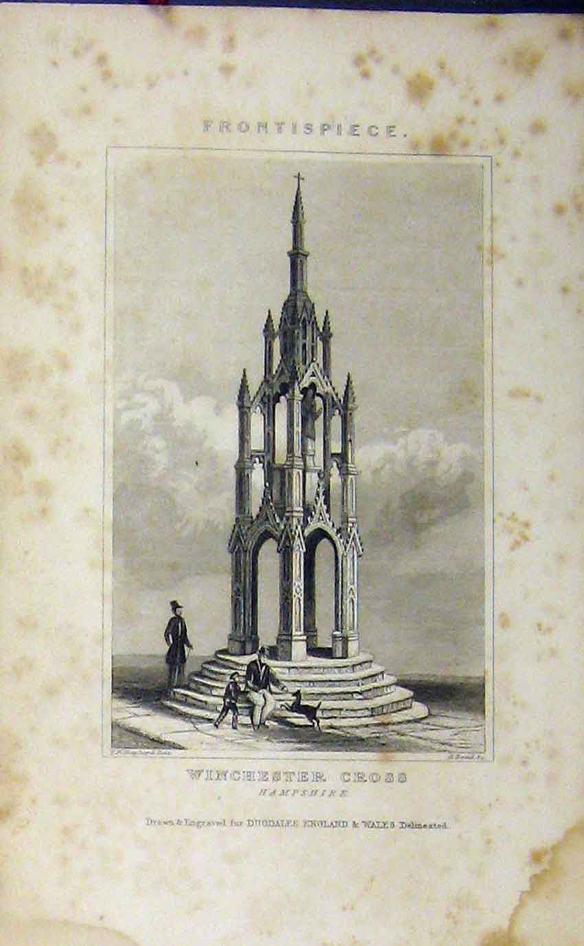 Original Old Antique Print C1850 View Winchester Cross Hampshire Dugdales 19th