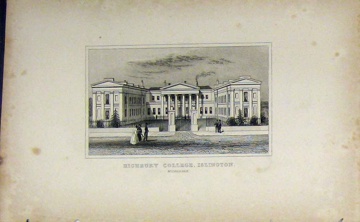 Original Old Antique Print C1850 View Highbury College Islington England 19th