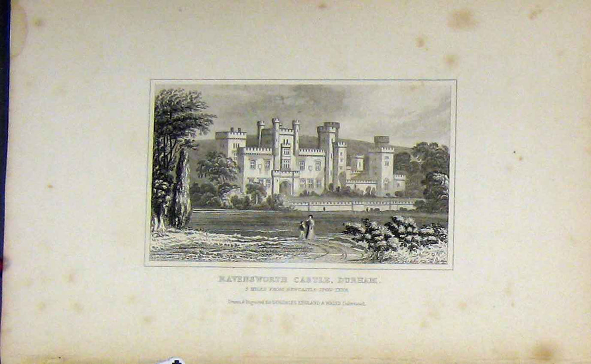 Original Old Antique Print C1850 Ravensworth Castle Durham England Dugdales