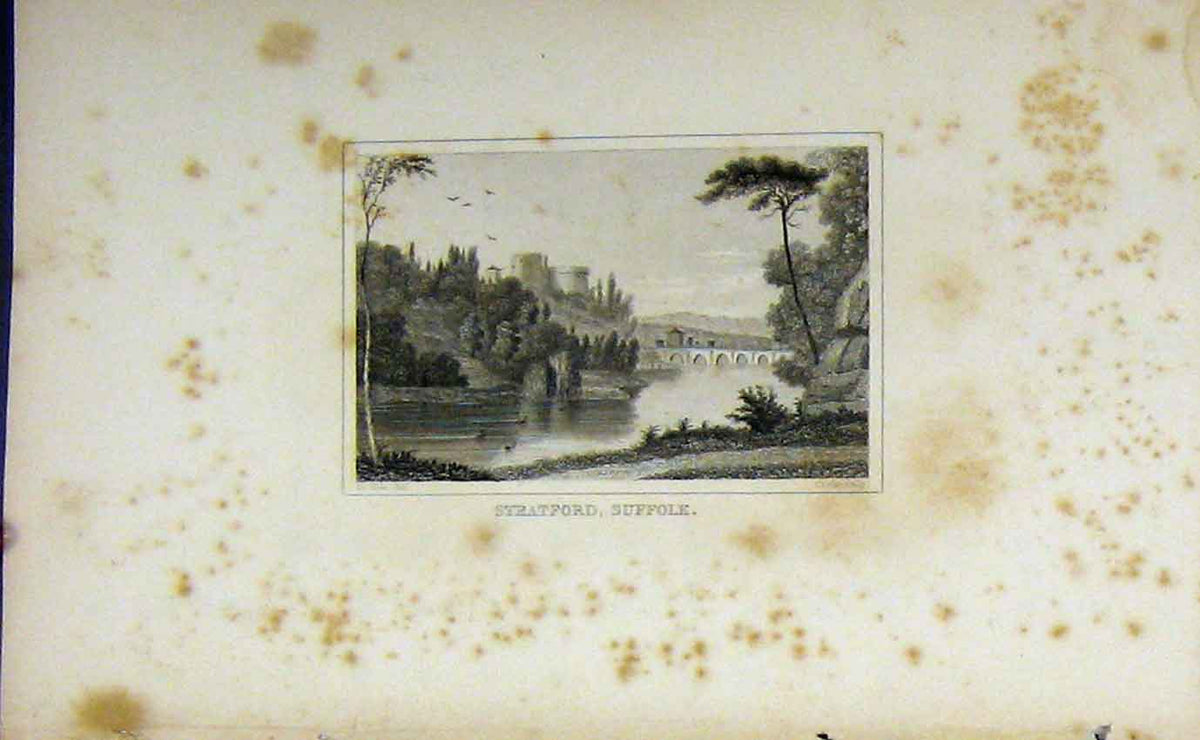 Original Old Antique Print C1850 View Stratford Suffolk England River Bridge