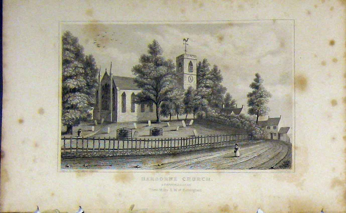Original Old Antique Print C1850 View Harborne Church Staffordshire England