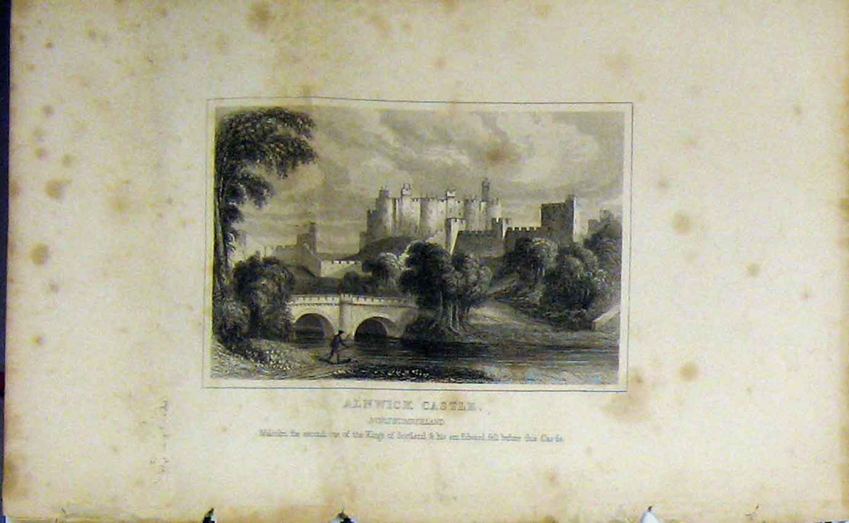 Original Old Antique Print C1850 View Alnwick Castle Northumberland Dugdales