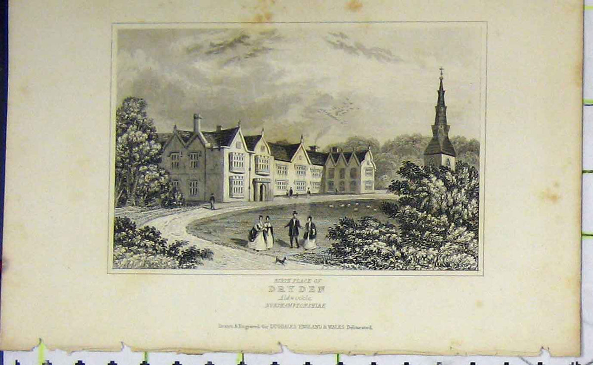Original Old Antique Print C1850 View Birth Place Dryden Aldwinkle Dugdales