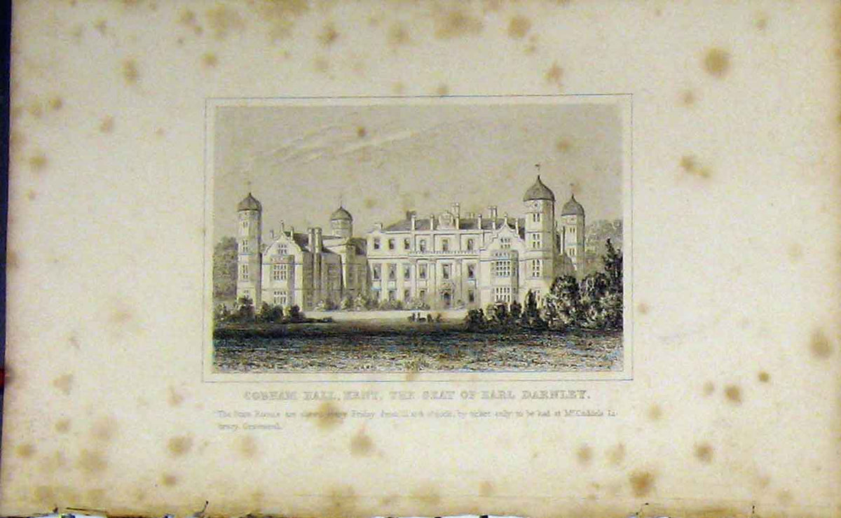 Original Old Antique Print View Cobham Hall Kent Home Earl Darnley C1850 19th