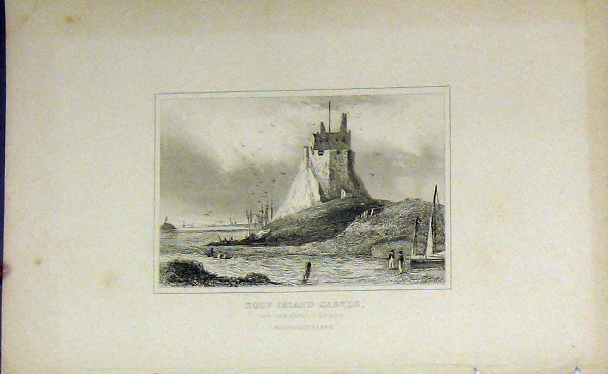 Original Old Antique Print C1850 Holy Island Castle Northumberland Victorian