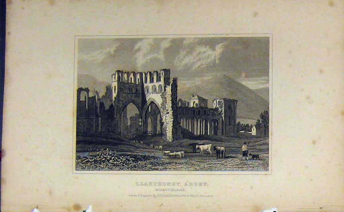 Original Old Antique Print C1850 View Llanthoney Abbey Monmouthshire Dugdales