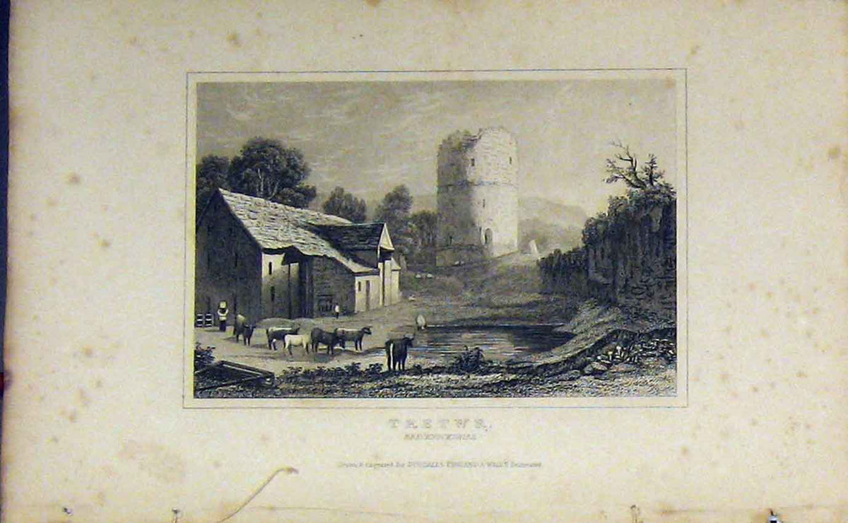 Original Old Antique Print Dugdales Vieew Tretwr Tower Brecknockshire C1850