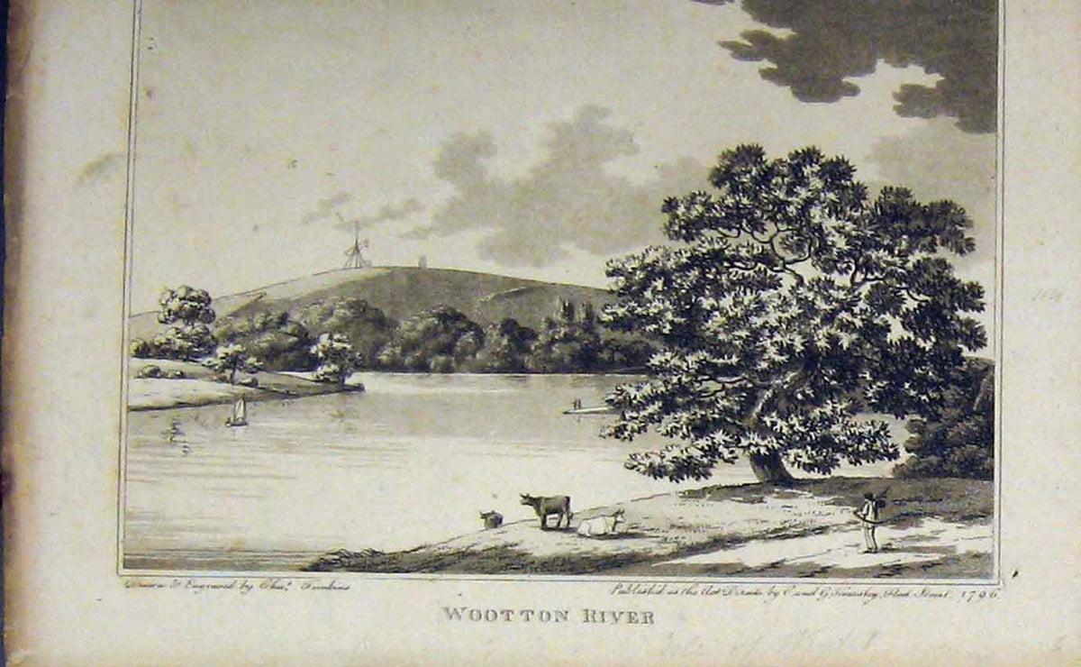 Original Old Antique Print 1796 Country View Wootton River Boat 18th Century