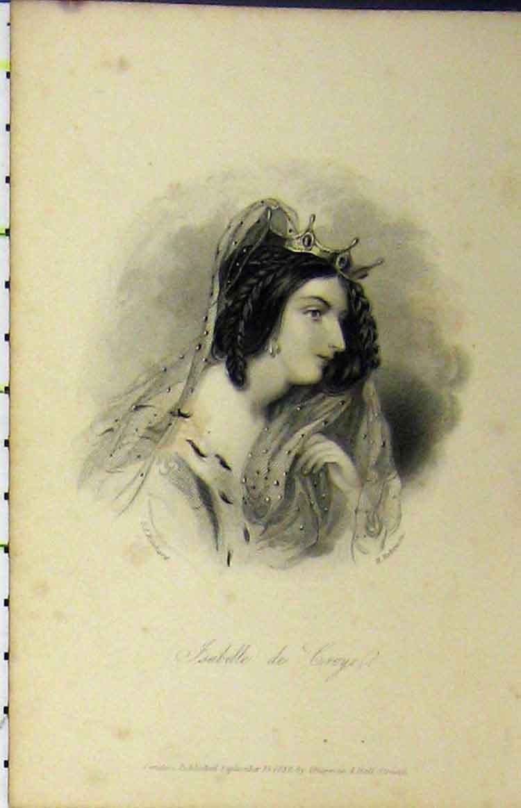 Original Old Antique Print Steel Engraving 1832 Portrait Isabelle De Croye 19th