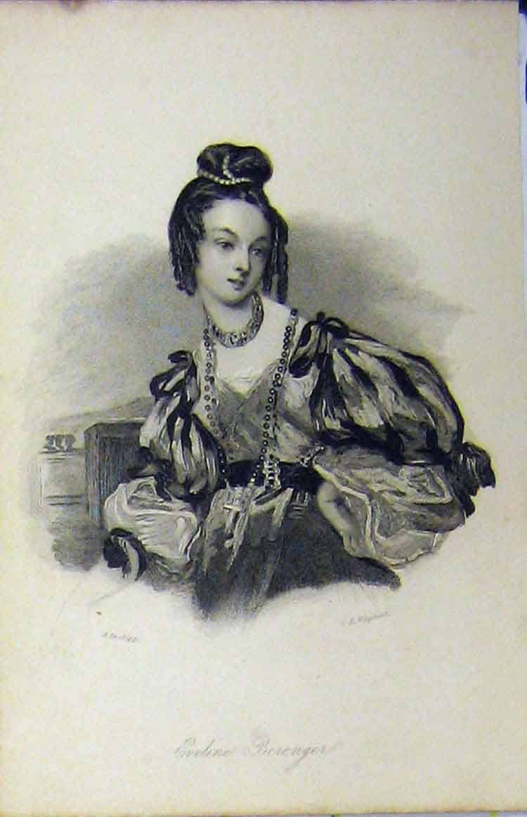 Original Old Antique Print C1850 Steel Engraving Portrait Eveline Berenger 19th