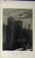 Old Antique Print Steel Engraving View Caernarvon Castle Radclyffe C1850 19th