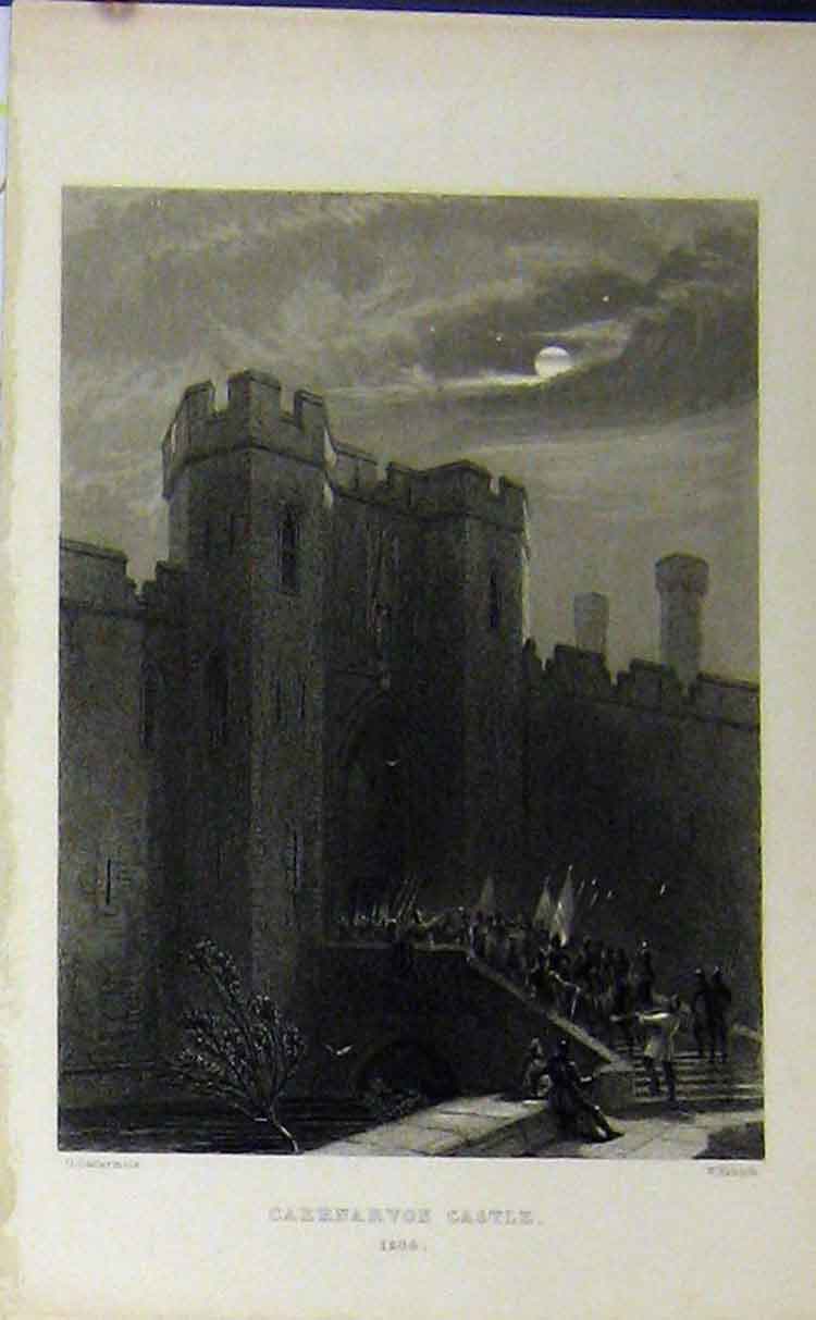 Old Antique Print Steel Engraving View Caernarvon Castle Radclyffe C1850 19th