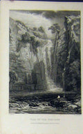 Original Old Antique Print C1850 Waterfall Purthen Brecknockshire River Fishing