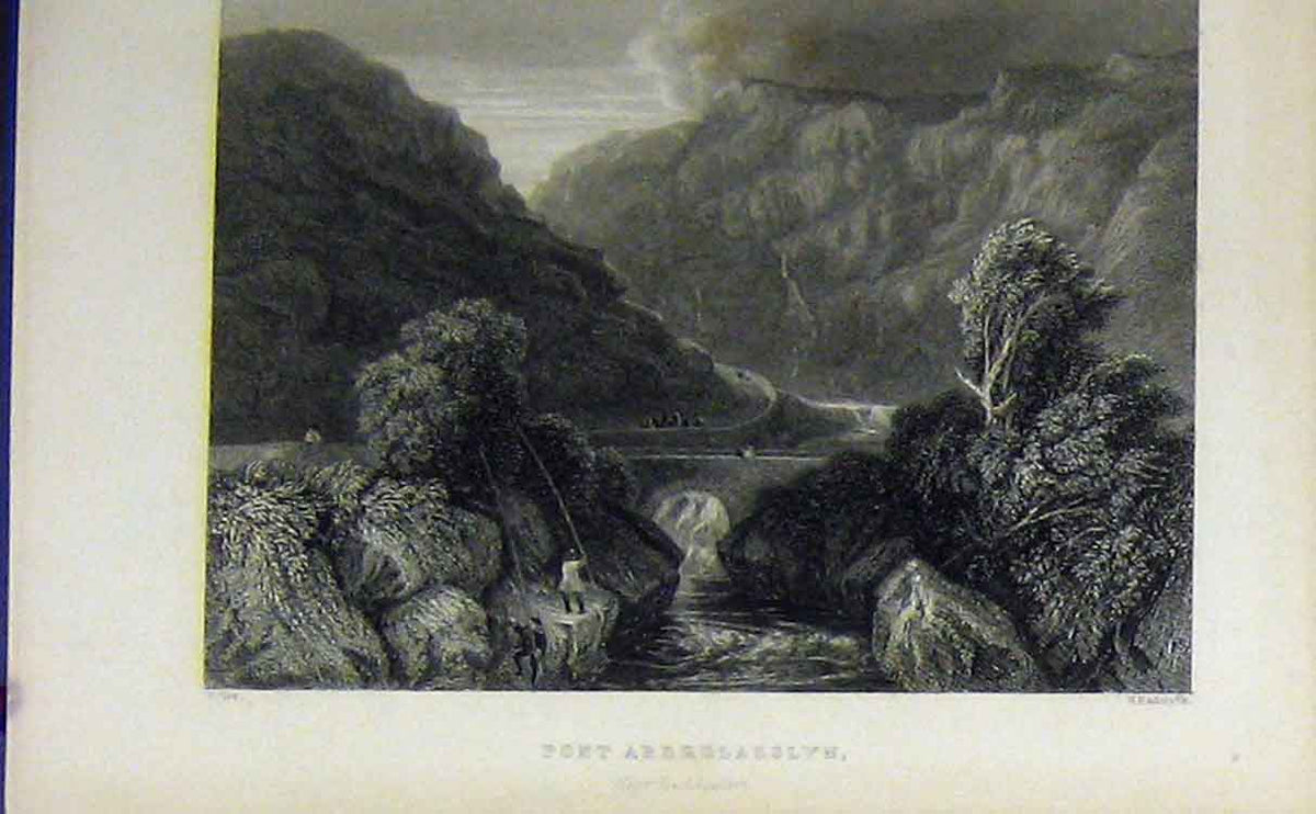 Original Old Antique Print View Pont Aberglasslyn C1850 Mountain River Bridge