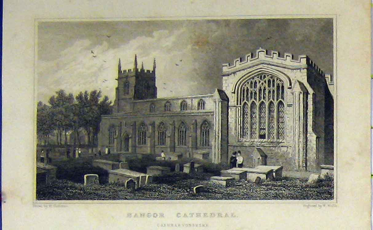 Original Old Antique Print C1850 View Bangor Cathedral Caernarvonshire Wallis