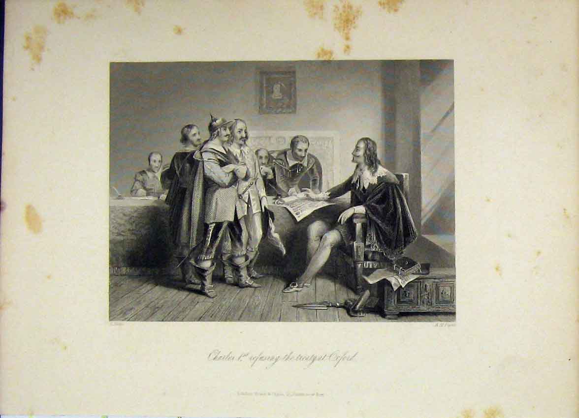 Original Old Antique Print Scene Charles I Refusing Treaty Oxford C1850 Payne