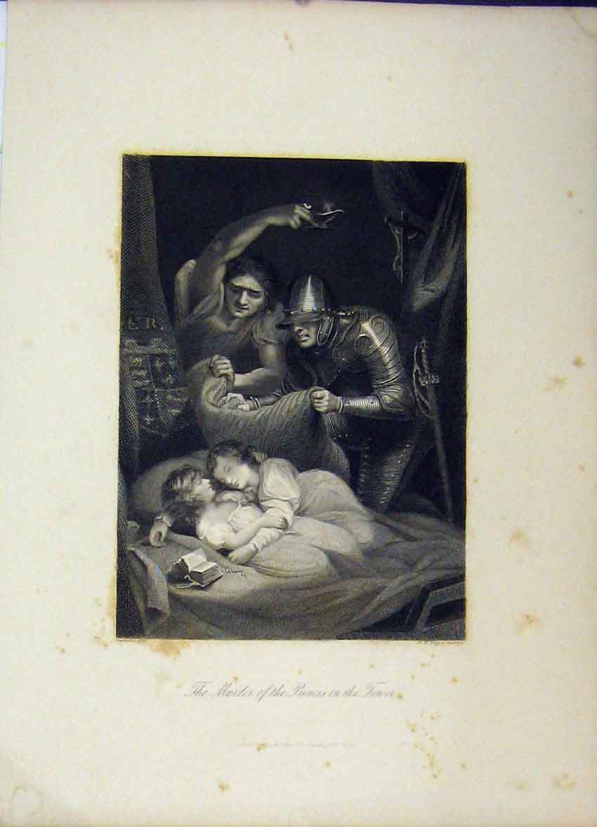 Original Old Antique Print C1850 Scene Murder Princess Tower Sier Payne 19th