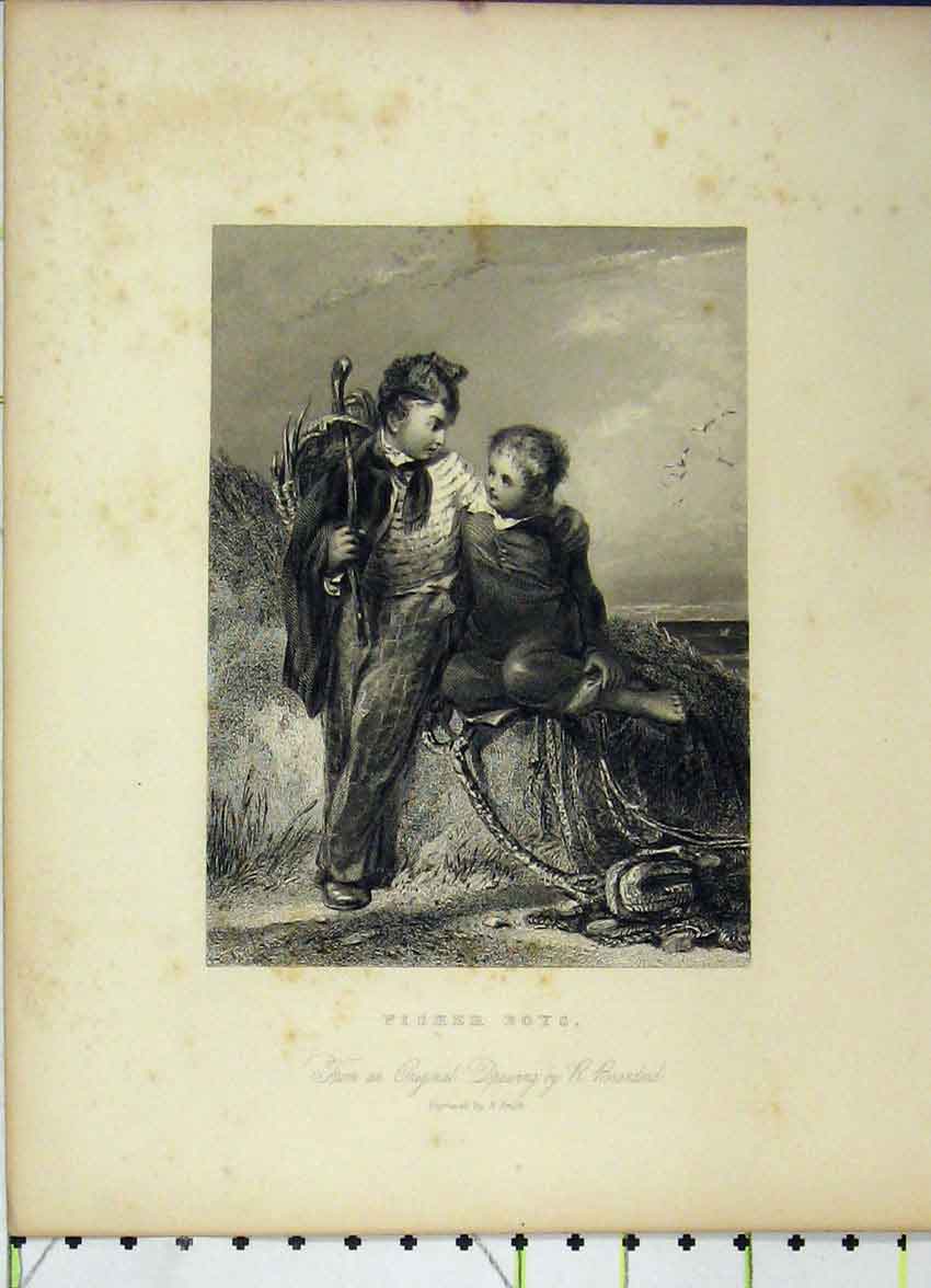 Original Old Antique Print C1850 Steel Engraving Young Fisher Boys Nets Smith