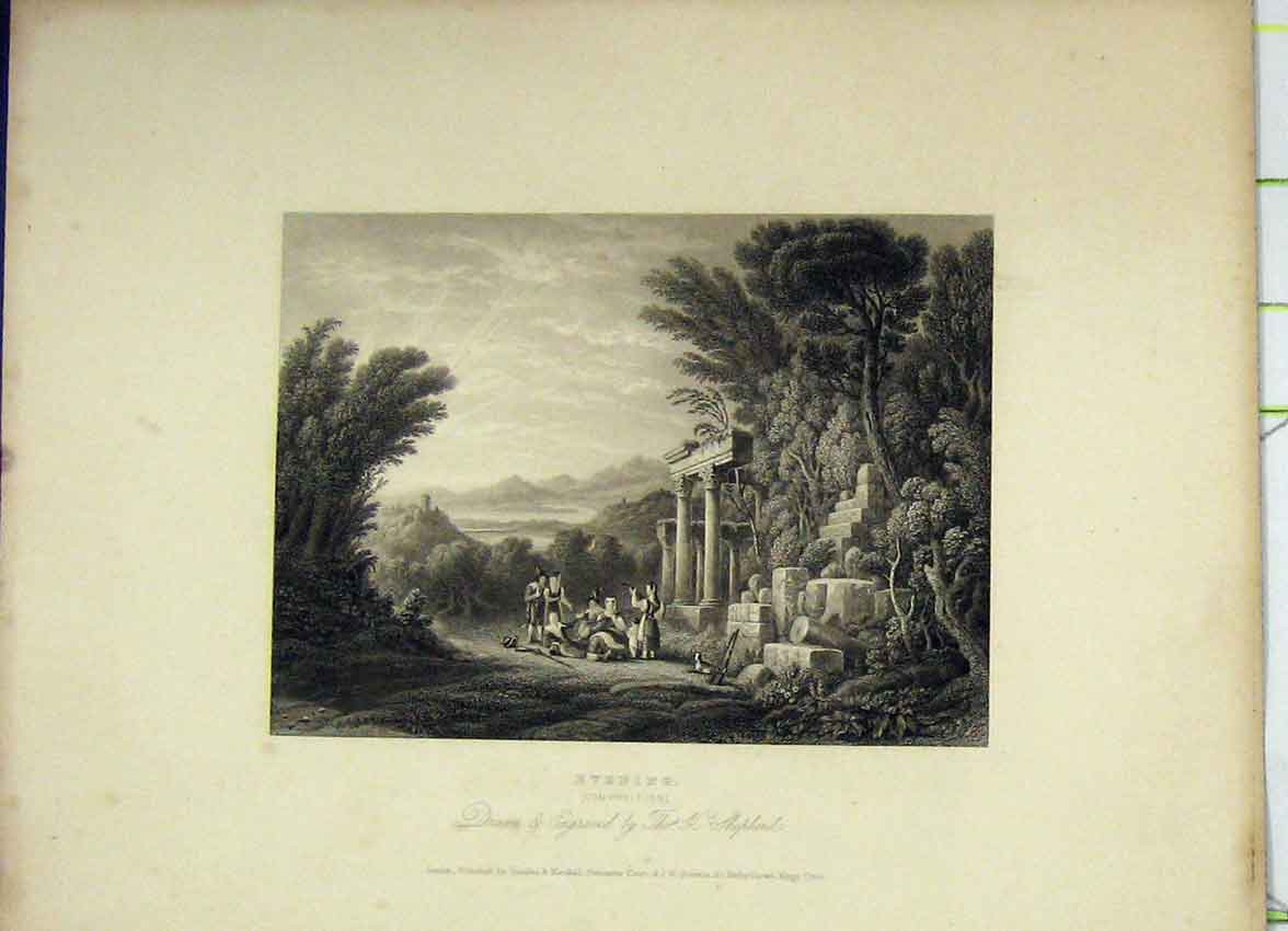 Original Old Antique Print C1850 Scene Evening Composition Music Country Scene