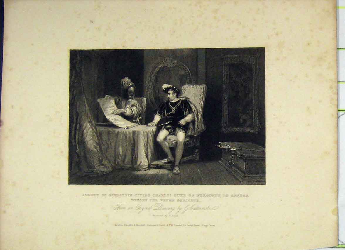 Original Old Antique Print Albert Giersten Charles Duke Burgundy Vehme Gerichte