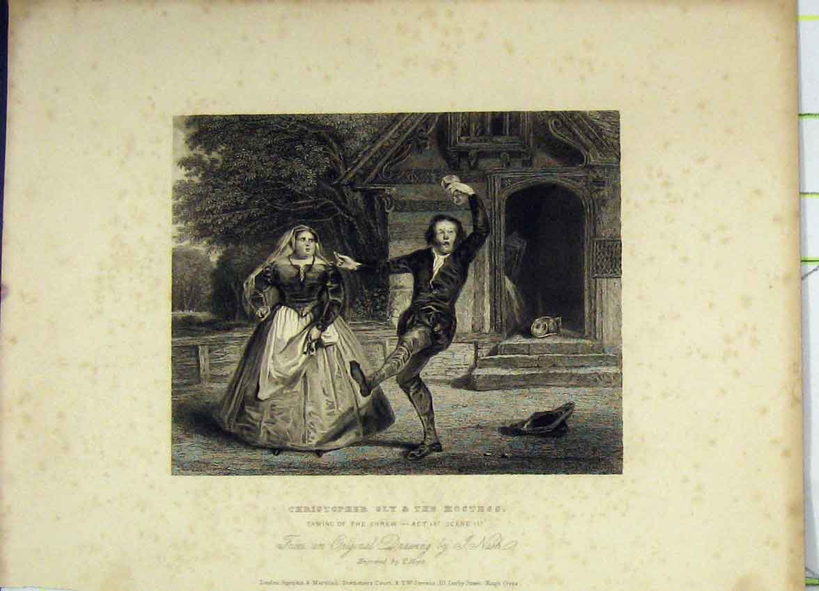 Original Old Antique Print C1850 Taming Shrew Theatre Christopher Sly Hostess