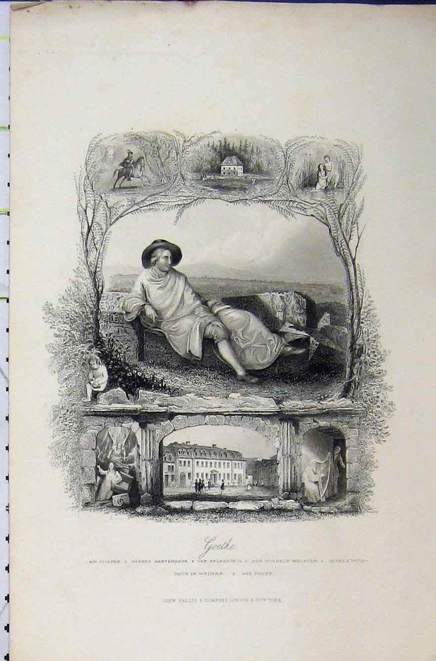 Original Old Antique Print Steel Engraving C1850 Views Goethe Germany Tallis
