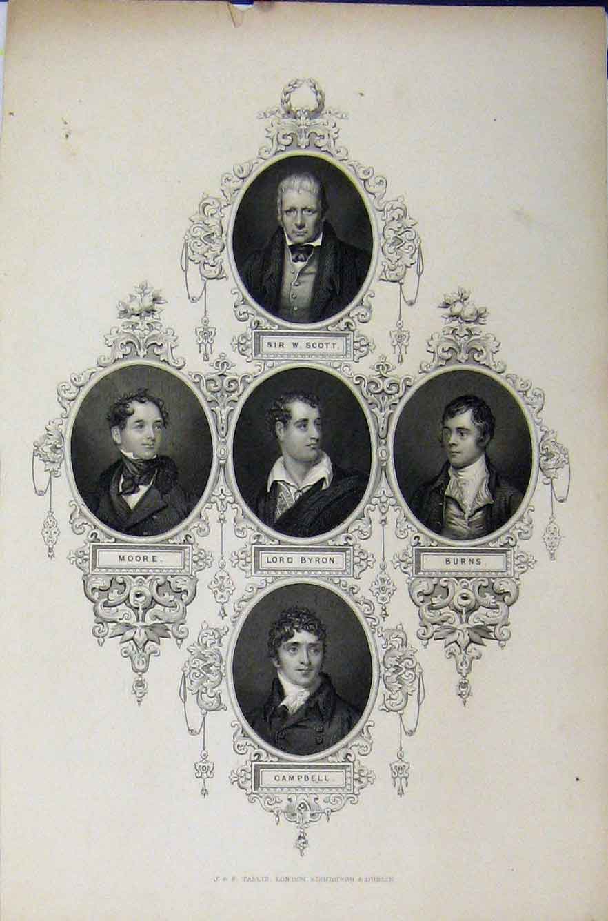 Original Old Antique Print Portrait Scott Burns Byron Moore Campbell C1850 19th