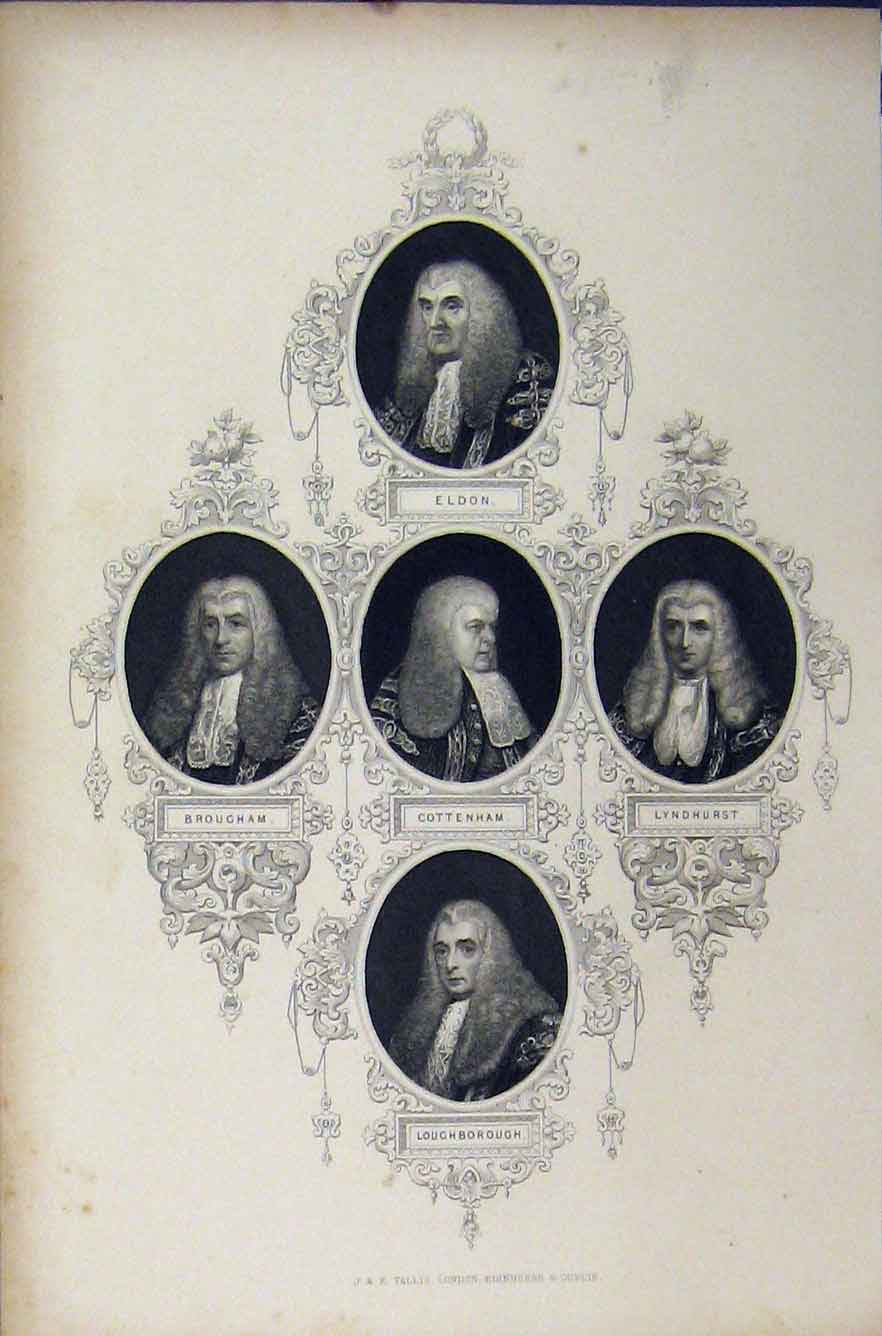 Original Old Antique Print C1850 Portrait Eldon Lyndhurst Brougham Cottenham