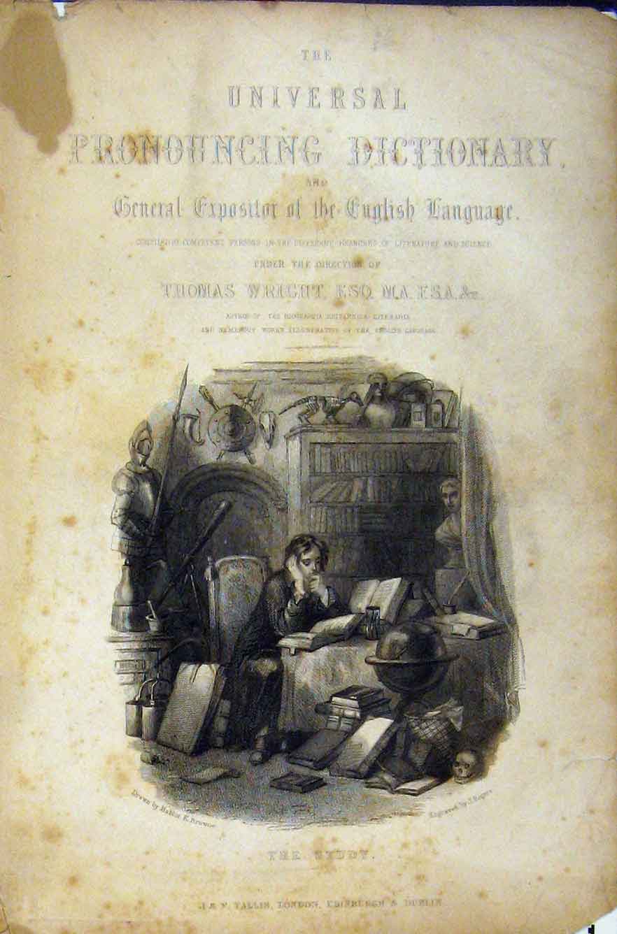 Original Old Antique Print C1850 Steel Engraving Study Man Reading Books 19th