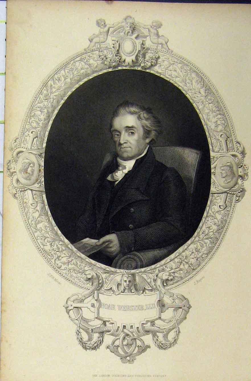 Original Old Antique Print C1850 Steel Engraving Portrait Noah Webster 19th