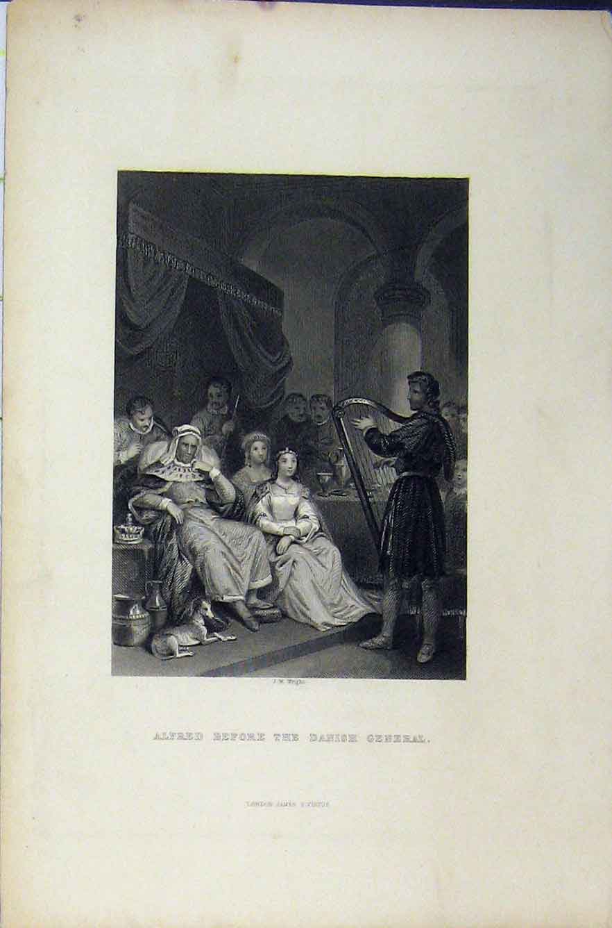 Original Old Antique Print Scene Alfred Before Danish General C1850 Engraving