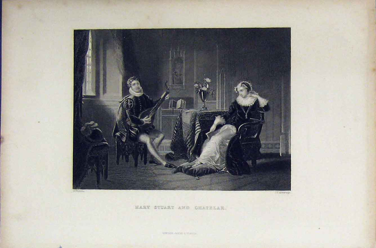 Original Old Antique Print C1850 Steel Engraving Romance Mary Stuart Chatelar