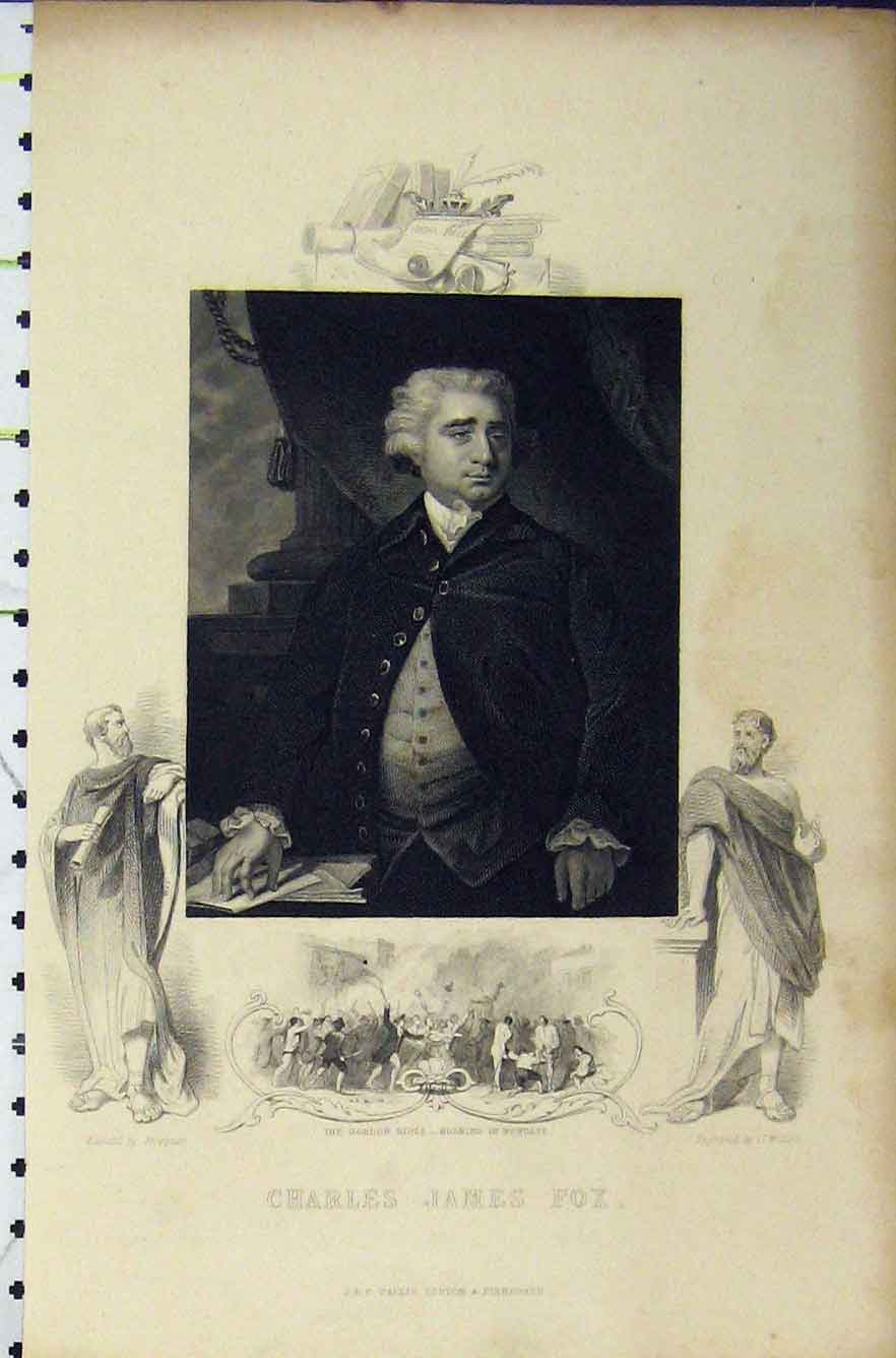 Original Old Antique Print C1850 Portrait Charles James Fox Burning Newgate