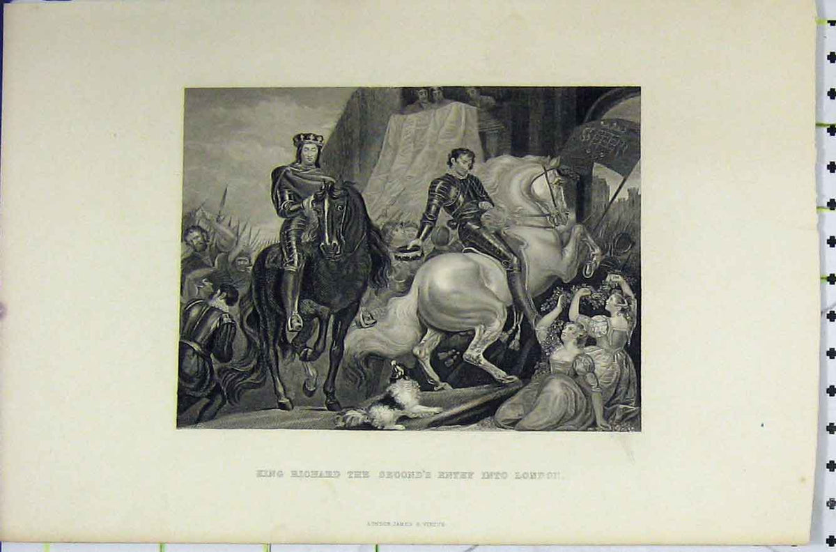 Original Old Antique Print C1850 King Richard Ii Entry London Horse Siers 19th
