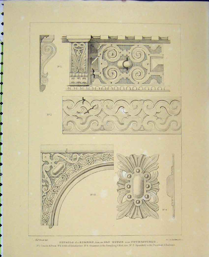 Original Old Antique Print C1850 Details Screen House Panneling Architecture