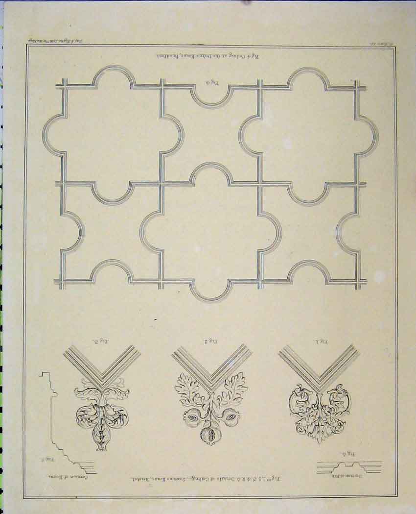 Original Old Antique Print Architecture Ceiling Dukes House Bradford C1850 19th