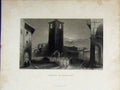 Old Antique Print Steel Engraving C1850 Street Scene Pignerol Moonlight 19th