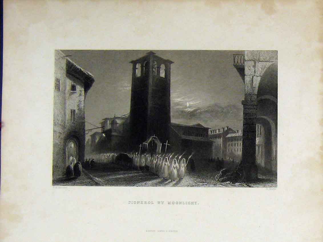 Old Antique Print Steel Engraving C1850 Street Scene Pignerol Moonlight 19th