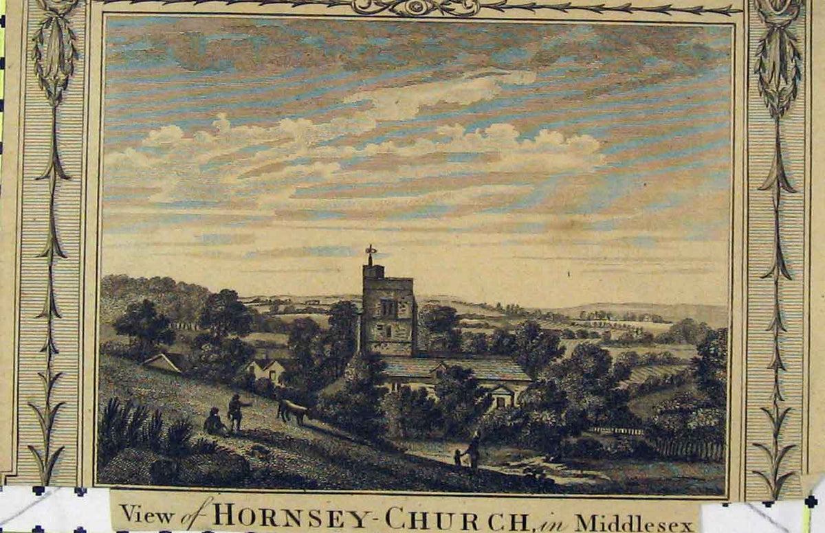 Original Old Antique Print Steel Engraving C1850 View Hornsey Church Middlesex