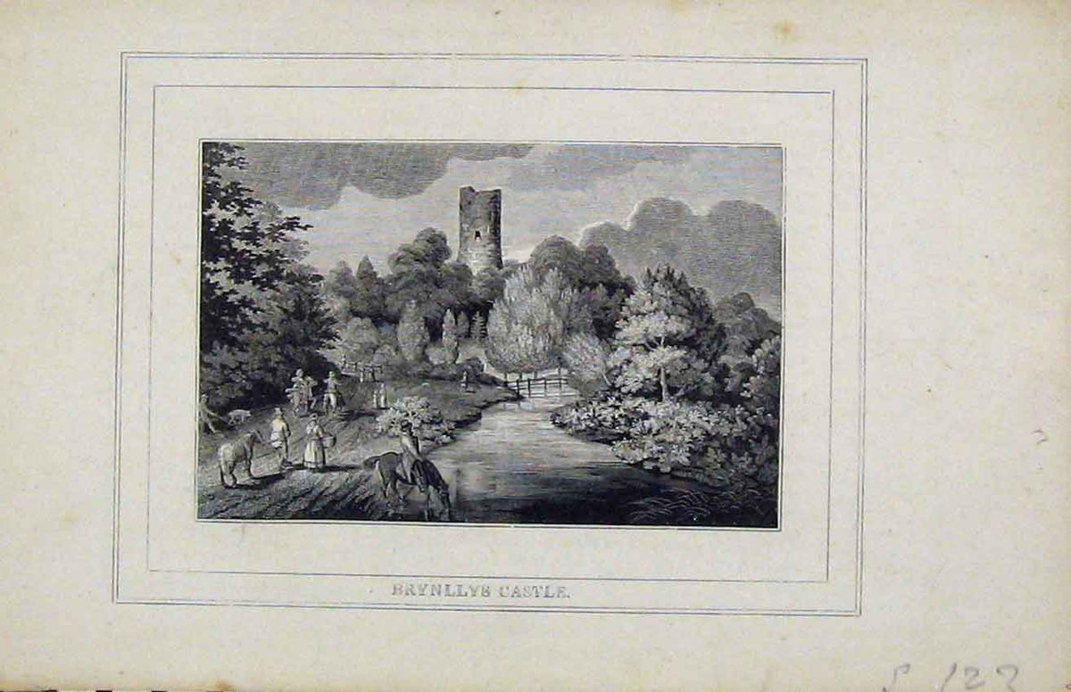 Old Antique Print Steel Engraving C1850 View Brynllys Castle Ruins River 19th
